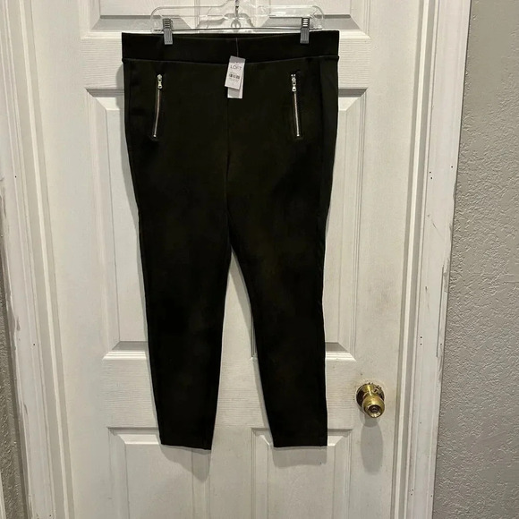 NWT LOFT High Rise Faux Suede Leggings Dark Caper Olive Green Large Gold Zipper - Picture 1 of 9